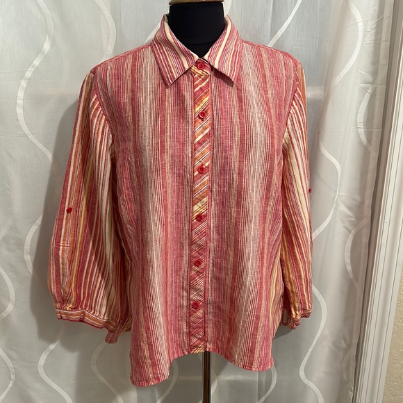 Coldwater Creek Tops - Coldwater Creek, Pink Striped, 100% Linen, Button Down Top With Roll Tab Sleeves